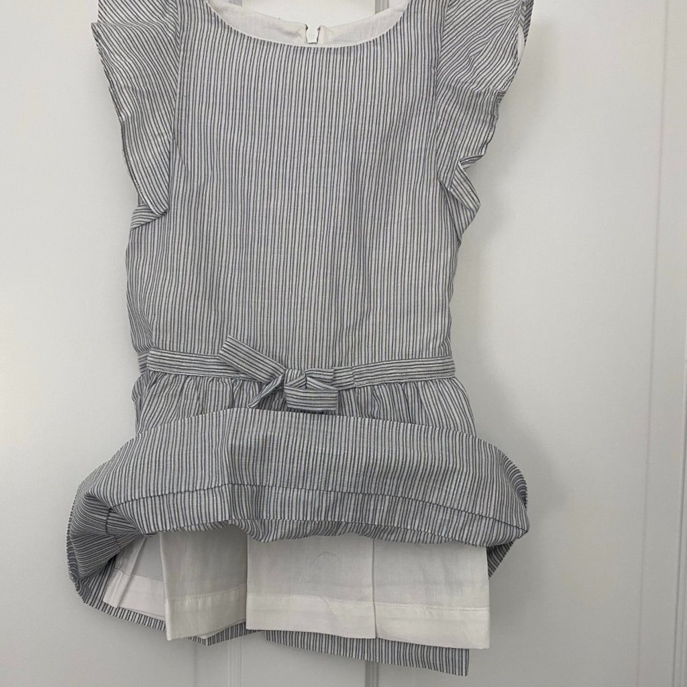 NWT Jacadi Girls Dress Pinafore Sleeveless Ruffle Belt Gray Blue Stripe 2T 88cm - Picture 5 of 6